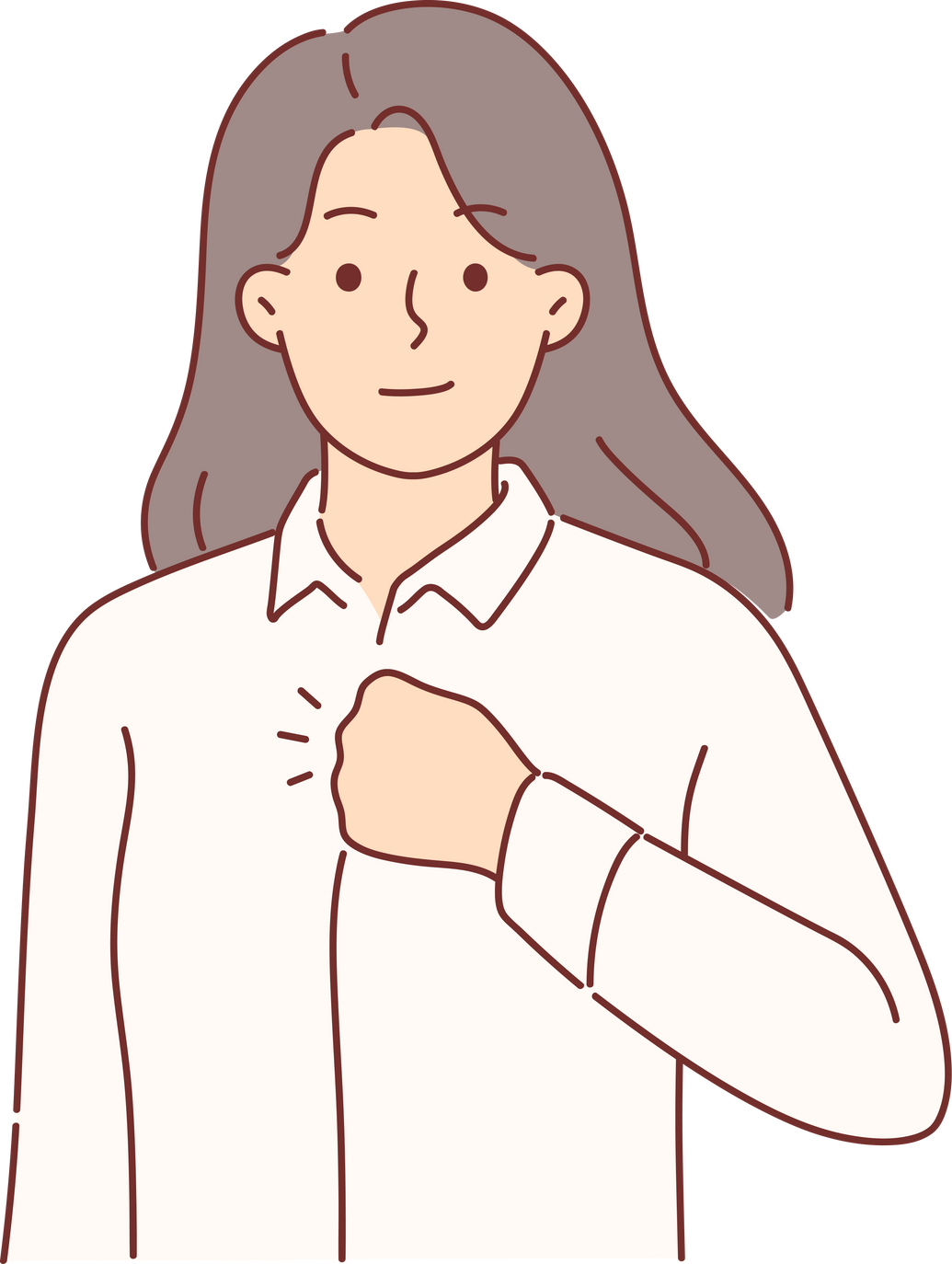 Confident woman puts fist to chest to swear oath or show determination to fight problems