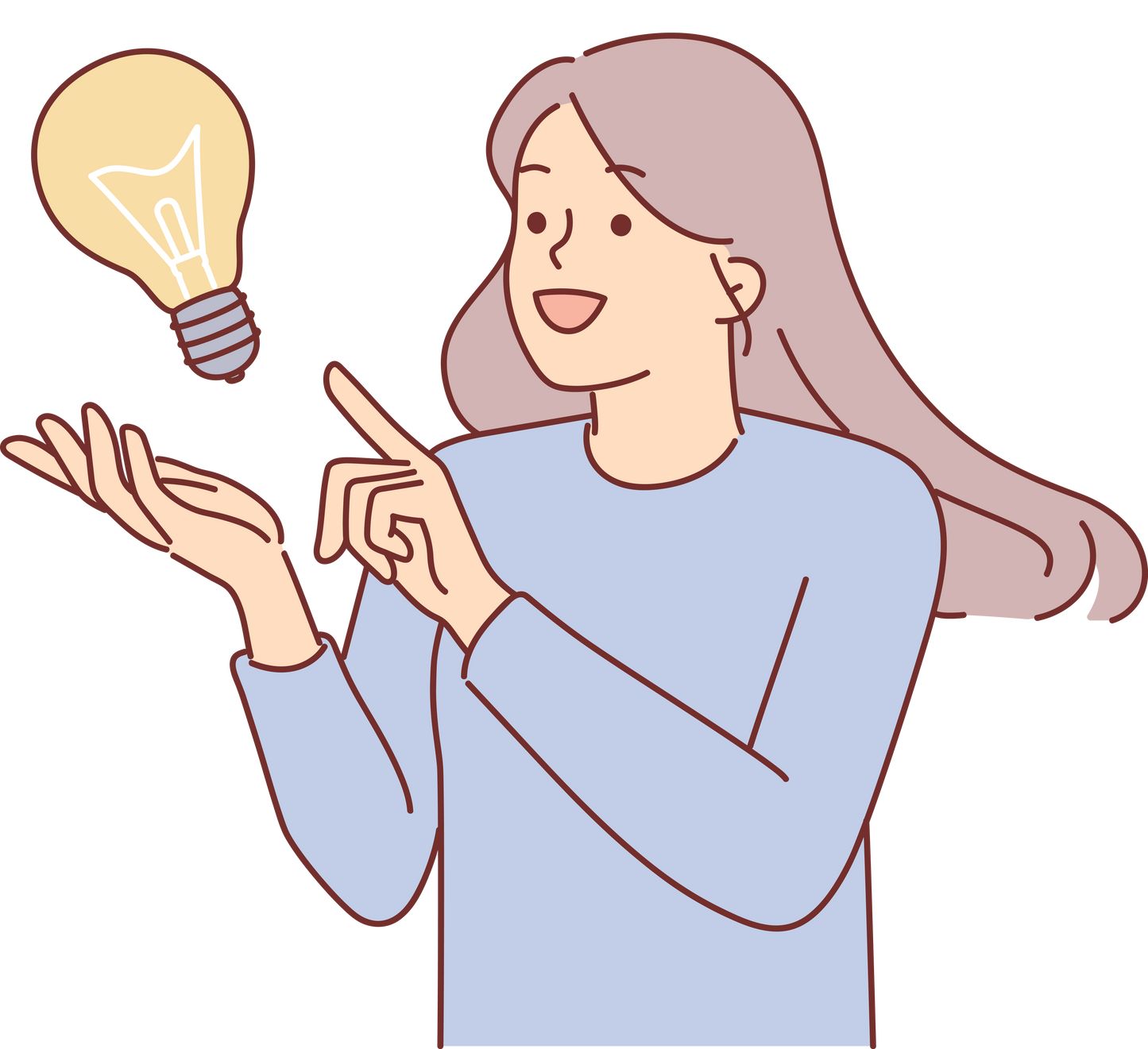 Inspired woman comes up with idea to save energy resources and provide bright lighting, stands near giant lamp. Girl says eureka after learning about new promising idea for self-development